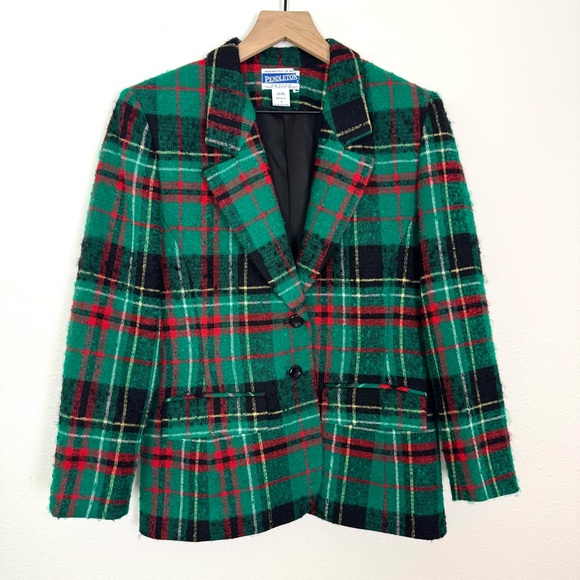 Pendleton Jackets & Blazers - VTG Pendleton Wool Tartan Plaid Blazer Green Red Size 4 Petite